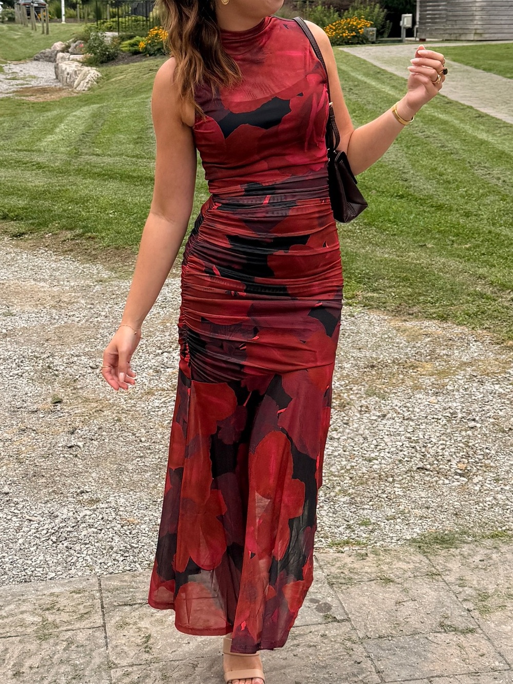 Burgundy Ruched Maxi Dress High Neck Floral Sheer Skirt Slit Wedding Guest